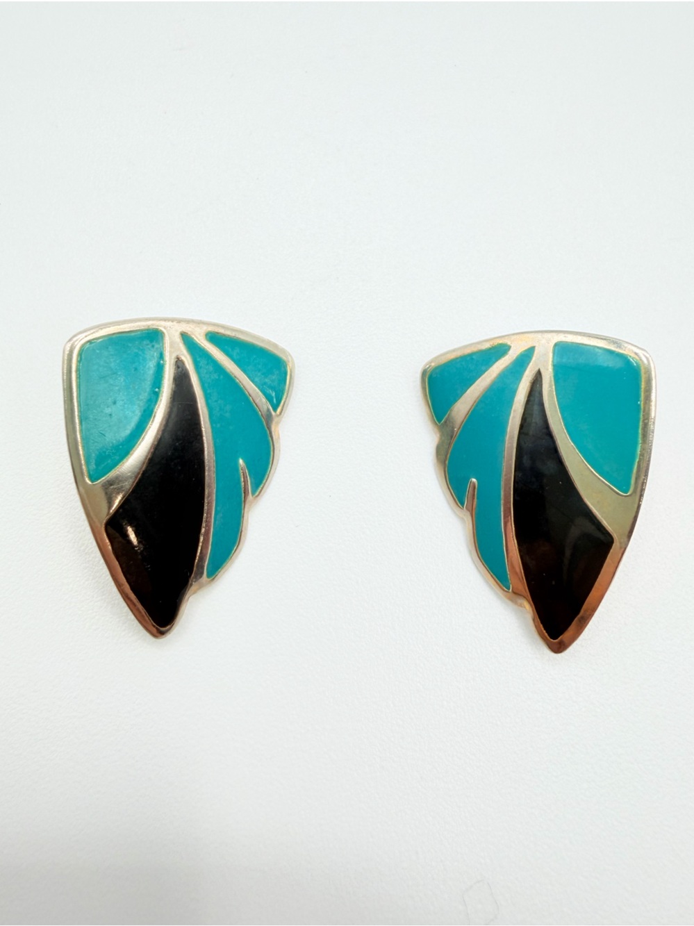 Vintage Turquoise and Black Sterling Silver Leaf Inlay Earrings